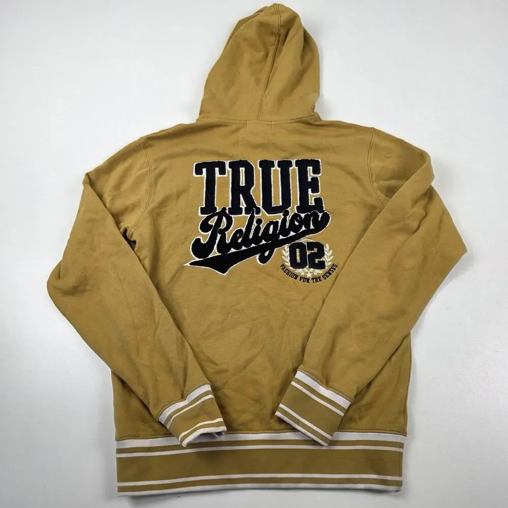True Religion Hoodie Mens Small Tan‎ Pullover Embroidered Logo Retro Streetwear